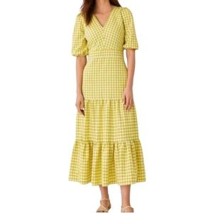Ann Taylor Green/Yellow Gingham Tiered Puff Sleeve Midi Dress, V-Neck, Size 2